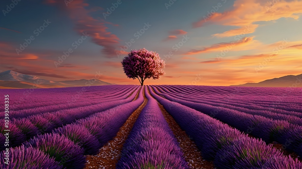 Obraz premium Ethereal lavender fields stretching towards a minimalist paper horizon creating a serene and calming layered landscape with a dreamy atmospheric feel
