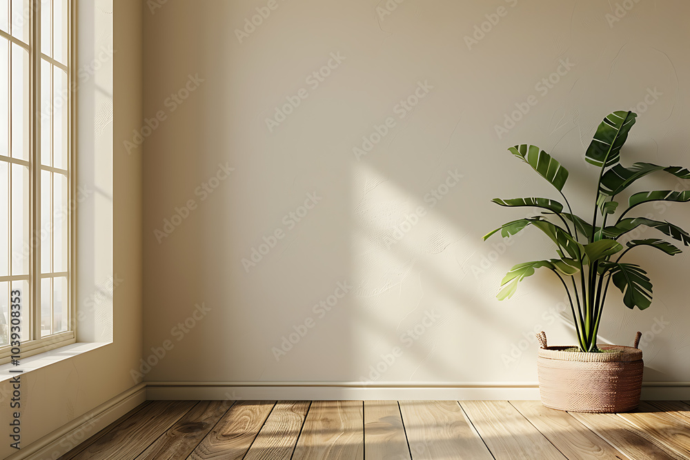 A large potted plant with vibrant green leaves sits in the corner of a room with a window. Sunlight streams through the window, casting a warm glow on the wooden floor.