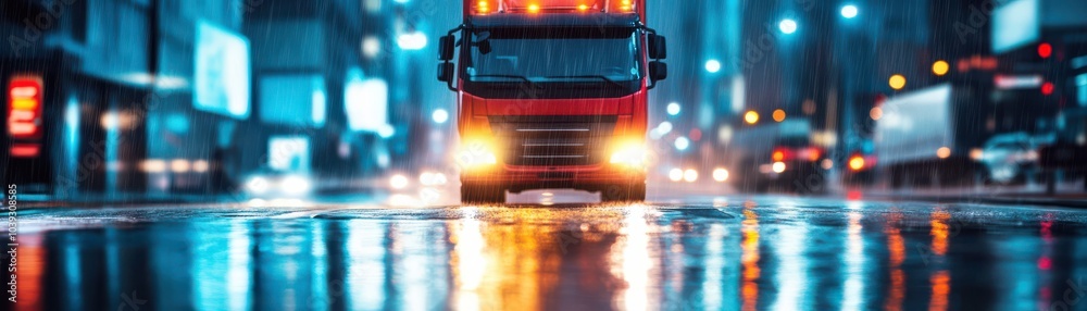 A vibrant city scene featuring a red truck illuminated by streetlights on a rainy night, creating a captivating urban atmosphere. A vibrant city scene featuring a red truck illuminated by streetlights on a rainy night, creating a captivating urban atmosphere.