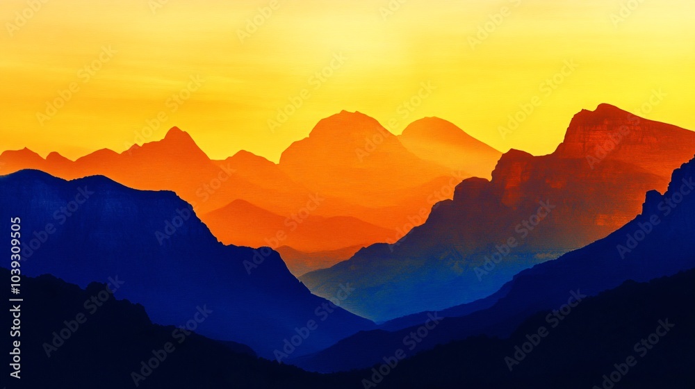 Silhouetted mountain peaks at sunset with a bright orange sky. Silhouetted mountain peaks at sunset with a bright orange sky.