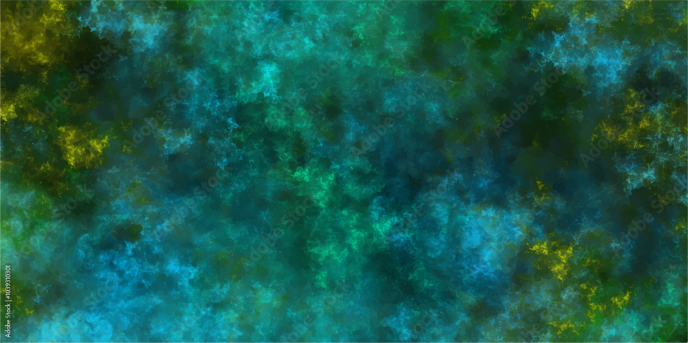 Fototapeta premium Abstract sea green watercolor hand painted watercolor. Grunge marbled pattern and rough paint brush strokes in yellow powder explosion, isolated on dark cosmic powder Scattered Copy Space messy.