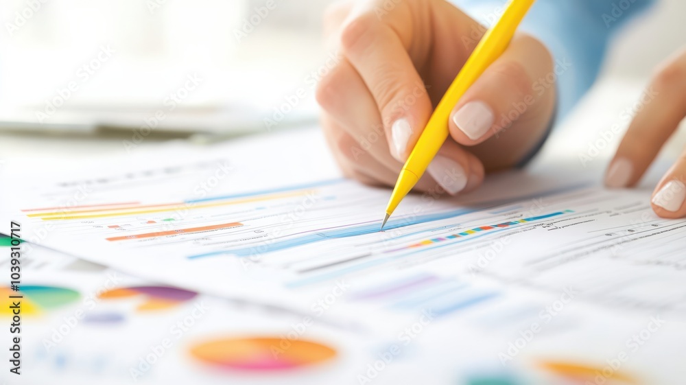 An individual analyzing charts and graphs on a report, using a yellow pencil to highlight important data.