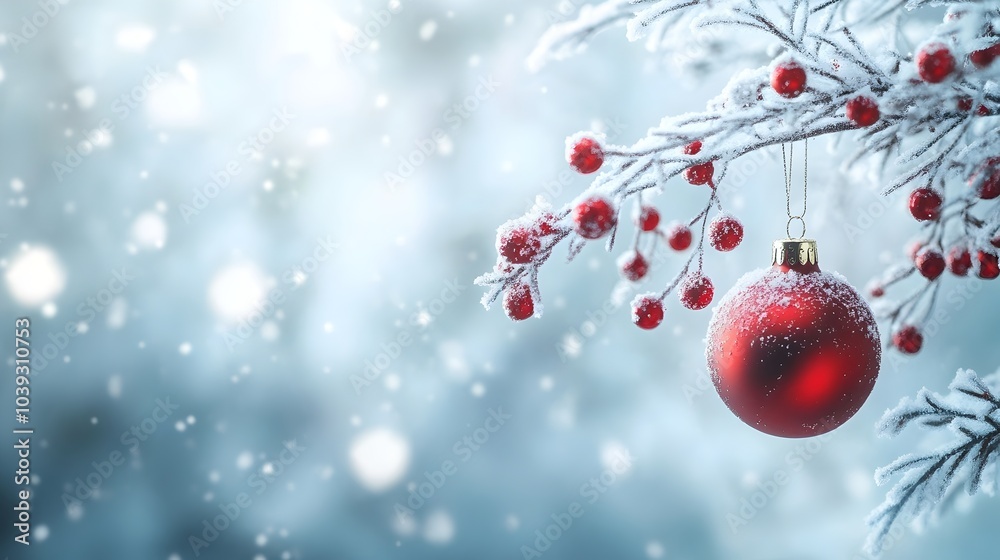 red christmas ball hanging with berries red christmas ball hanging with berries