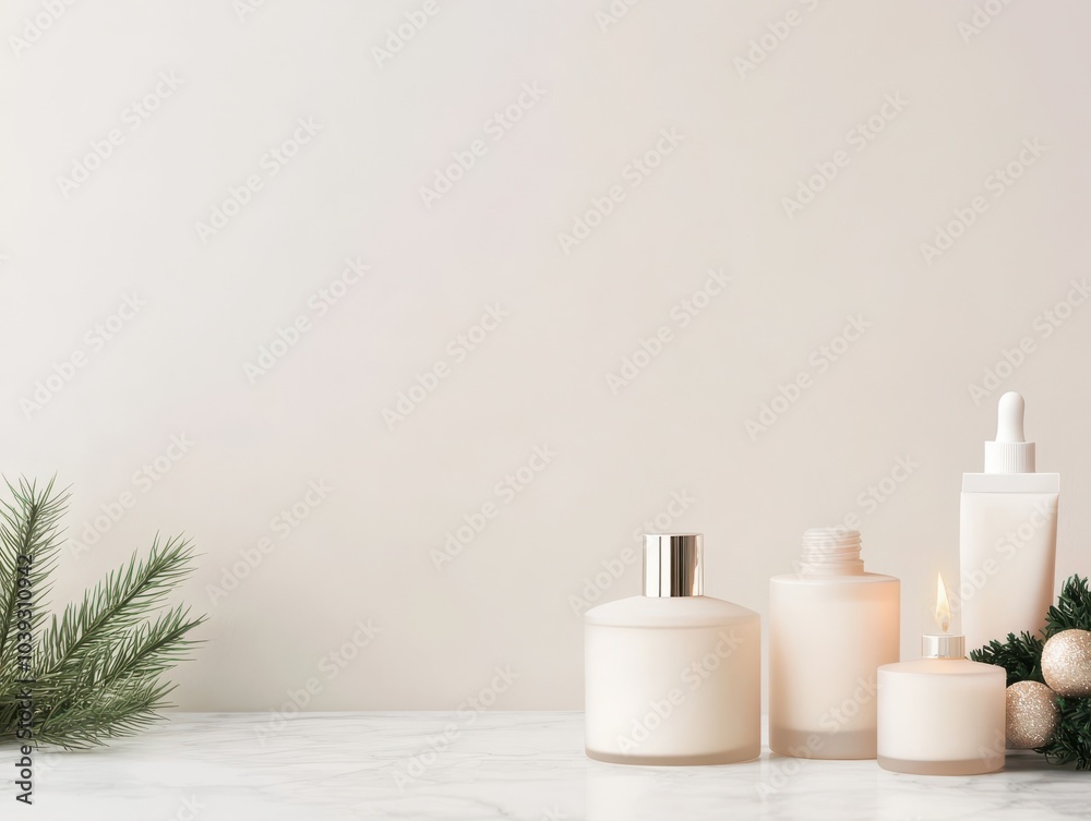 Calm and serene display of skincare products on a marble surface, complemented by natural elements for a soothing aesthetic. Calm and serene display of skincare products on a marble surface, complemented by natural elements for a soothing aesthetic.