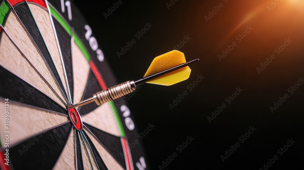 Close-up of a dart arrow hitting the bullseye of a dartboard, symbolizing precision and focus in a game environment. Close-up of a dart arrow hitting the bullseye of a dartboard, symbolizing precision and focus in a game environment.