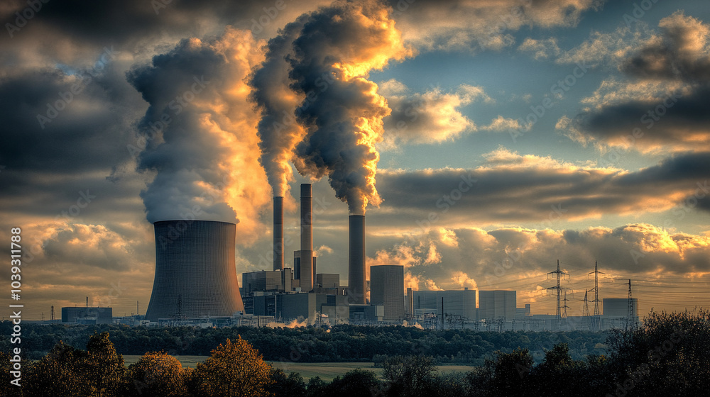 Industrial Power Plant with Smoke Stacks and Clouds at Sunset Industrial Power Plant with Smoke Stacks and Clouds at Sunset