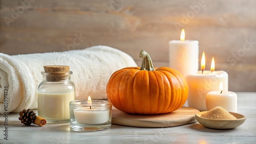 Aromatic Autumn Relaxation A Single Pumpkin, Candles, and Bath Products, Ready for a Relaxing Spa Experience