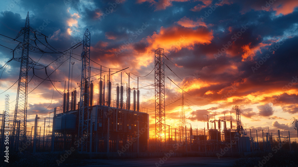 Fototapeta premium Silhouette of Power Lines and Transformers at Sunset