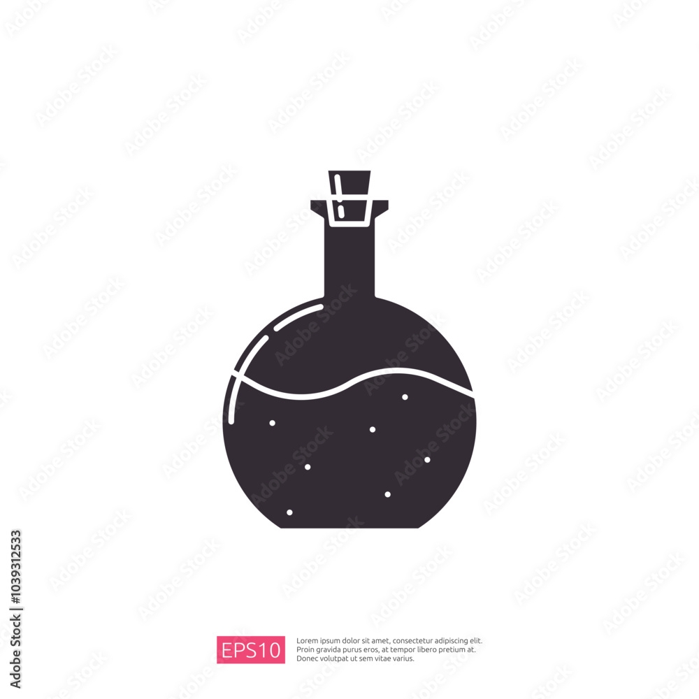 A simplistic black silhouette of a round glass bottle with a cork, containing a liquid with bubbles, suggesting a potion or chemical substance. A simplistic black silhouette of a round glass bottle with a cork, containing a liquid with bubbles, suggesting a potion or chemical substance.