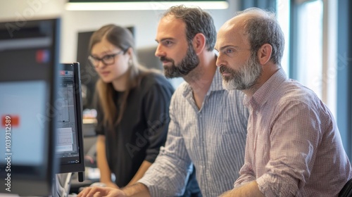 A team of engineers collaborating on a new technology project in a modern office environment.