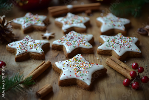 Delight in festive charm of gingerbread cookies shaped like stars, beautifully decorated with icing and colorful sprinkles. Perfect for holiday celebrations!