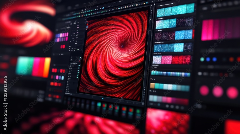 Dynamic abstract art featuring a swirling red design on a digital screen, showcasing vibrant color contrasts and visual energy.