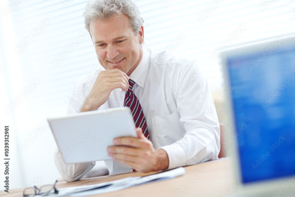 Man, business and tablet for finance in office, communication and email client for risk management. Male person, networking and online for investment report, review budget portfolio and planning Man, business and tablet for finance in office, communication and email client for risk management. Male person, networking and online for investment report, review budget portfolio and planning