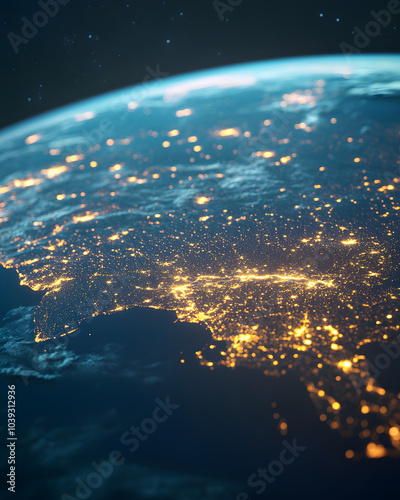 stunning close up view of Earths surface from space, showcasing vibrant city lights and geographical features. image captures beauty and complexity of our planet at night, highlighting urban areas