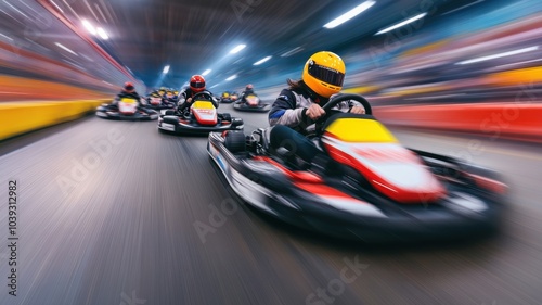 Dynamic go-kart racing scene showcasing speed, excitement, and competition in an indoor track environment.