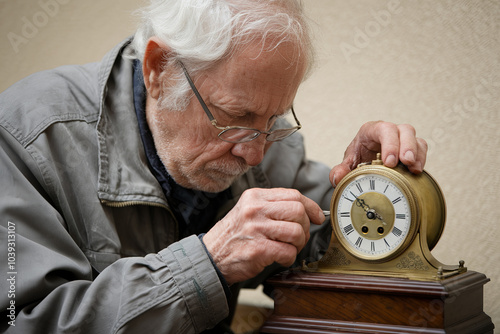 Elderly man fixing an old clock or watch, working carefully with small tools photo