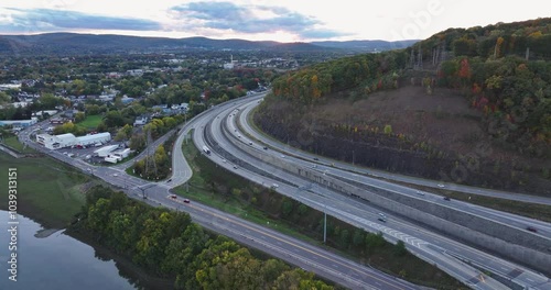 Aerial video of highway, interstate interchange in Binghamton New York, upstate NY - October 2024