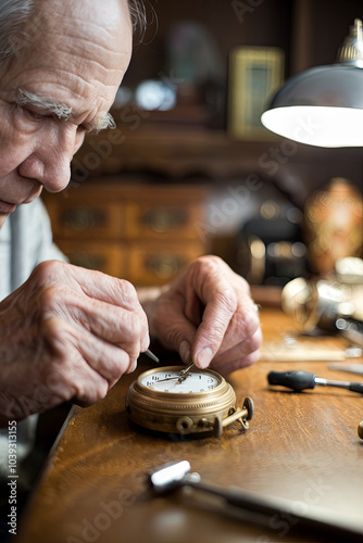 Elderly man fixing an old clock or watch, working carefully with small tools photo