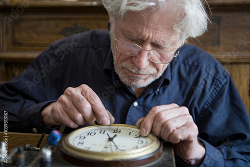 Elderly man fixing an old clock or watch, working carefully with small tools photo