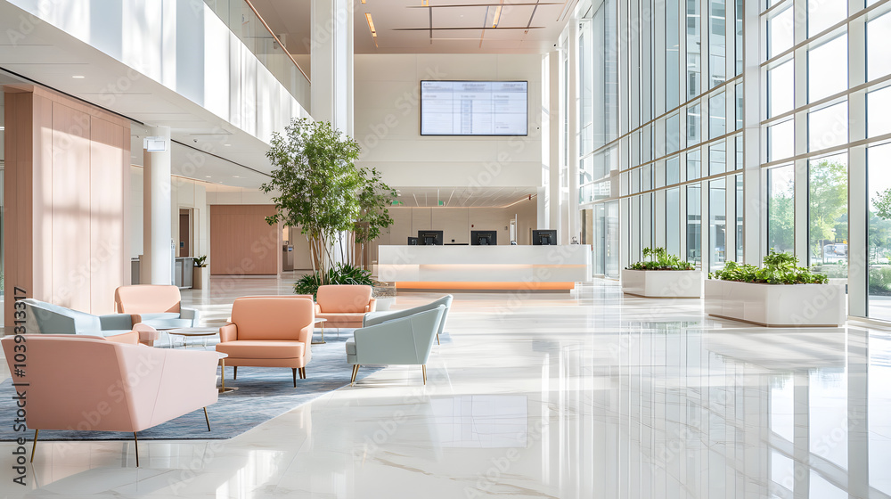 Fototapeta premium sleek modern hospital lobby featuring clean white walls, large windows, and stylish seating arrangements. bright space is inviting and well lit, creating calming atmosphere