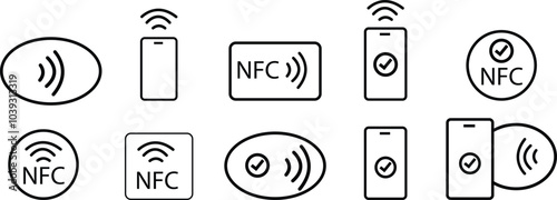 NFC payment with smartphone set icons. NFC Technology icon collection. Contactless NFC payment sign. Contactless payment for design. Easily editable, Near Field Communication nfc payment concept. photo