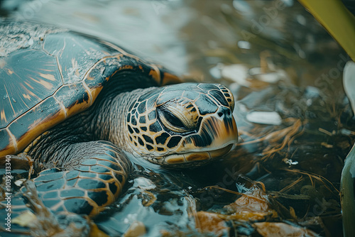 A sea turtle entangled in plastic waste floating in the ocean photo