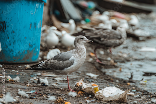 Birds struggling to find food in a polluted urban environment photo