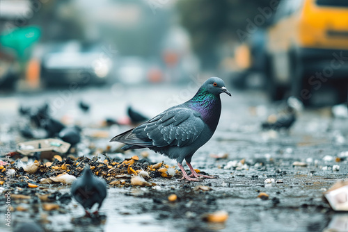 Birds struggling to find food in a polluted urban environment photo