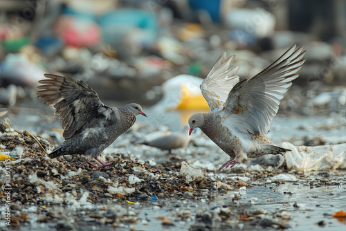 Birds struggling to find food in a polluted urban environment photo