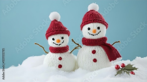 A cheerful snowman wearing a hat and scarf stands on a blanket of snow, surrounded by snowflakes and decorated for the winter holiday season