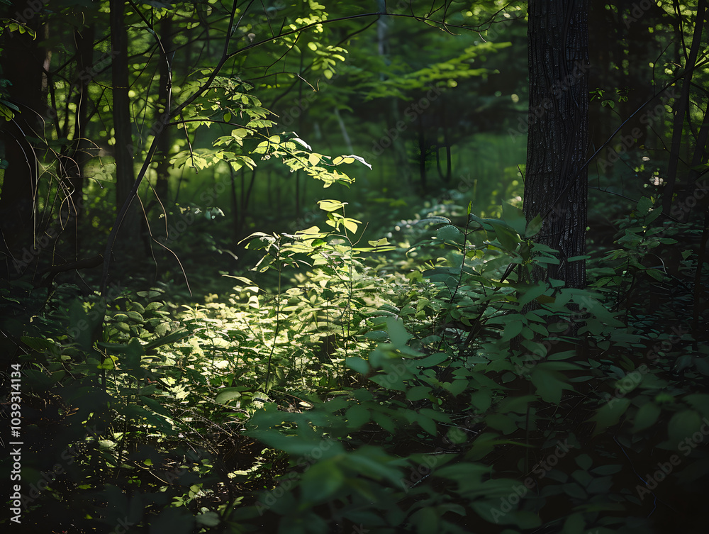 Obraz premium serene forest scene with sunlight filtering through lush green foliage, creating tranquil atmosphere. interplay of light and shadows enhances natural beauty of woodland