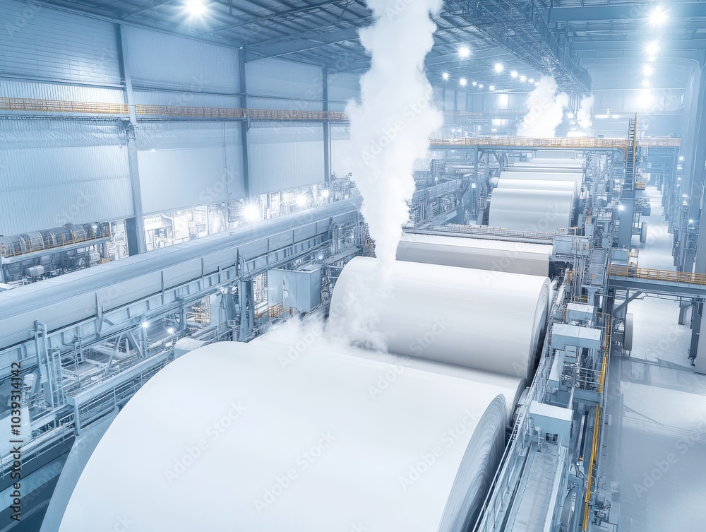 Naklejka premium Industrial facility showcasing large rolls of paper and steam production, exemplifying manufacturing efficiency and technology.