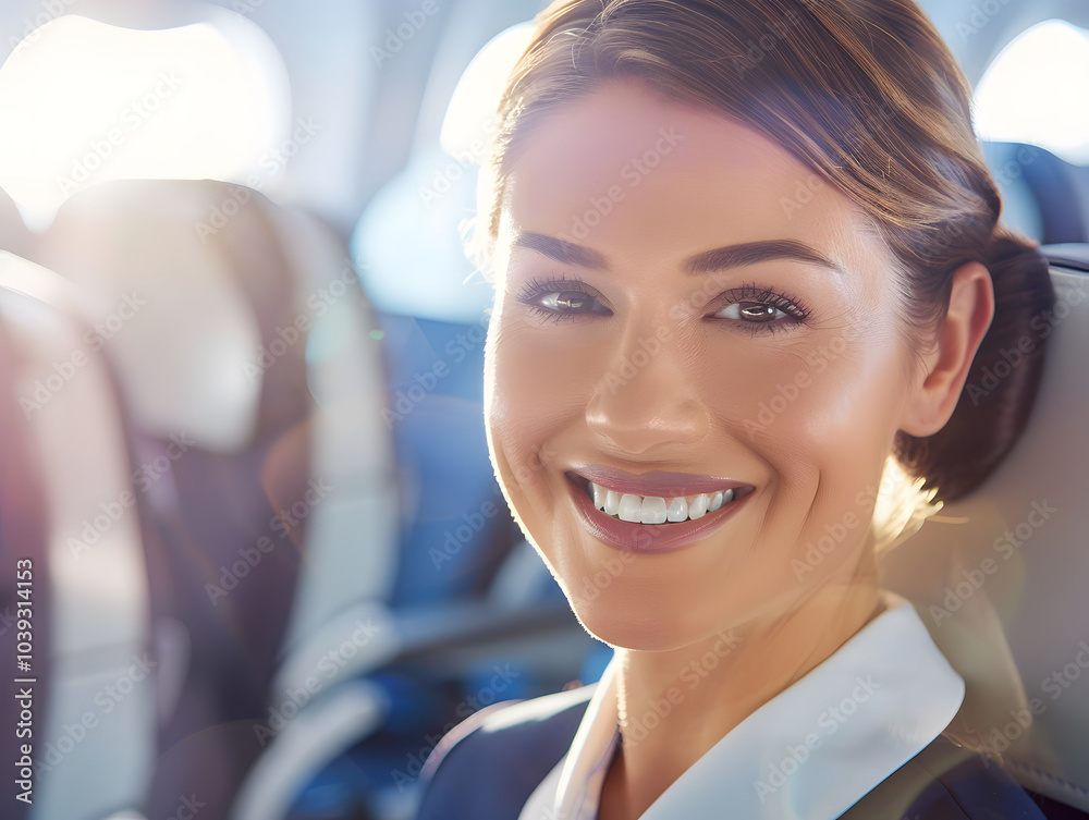 High key soft focus portrait of woman steward smiling in airplane cabin, showcasing friendly and welcoming demeanor. bright atmosphere enhances positive vibe of air travel High key soft focus portrait of woman steward smiling in airplane cabin, showcasing friendly and welcoming demeanor. bright atmosphere enhances positive vibe of air travel