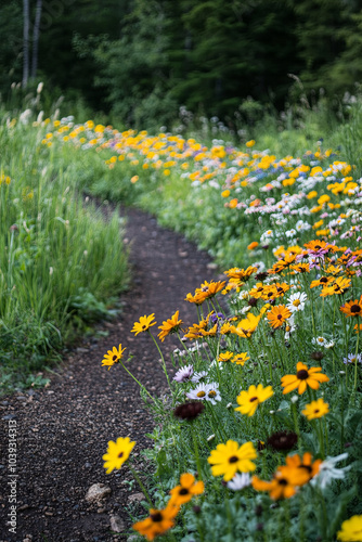 Wildflowers growing along a winding path through the woods photo