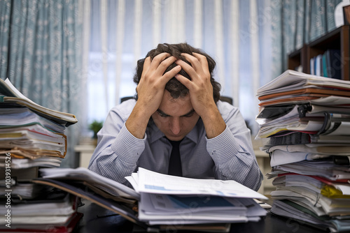 Overworked employee sitting at a desk with head in hands, surrounded by piles of paperwork photo