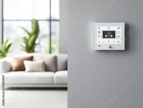 Modern thermostat on a gray wall in a cozy living room with natural light and plants, showcasing contemporary home technology.