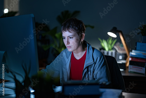 Person staring blankly at a computer screen late at night in a dark office photo