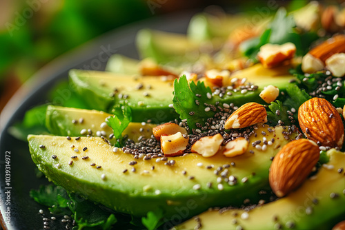 Fresh vegan salad with avocado, nuts, and chia seeds photographed in natural light photo