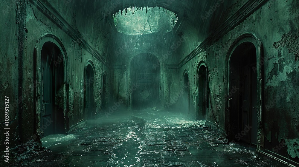Eerie Abandoned Hallway in a Decaying Building Eerie Abandoned Hallway in a Decaying Building