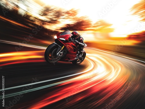 Classic Motorcycle in Motion: A Stunning Sunset View for Your Sports Interior Poster - Capture the Thrill of Speed on Winding Roads