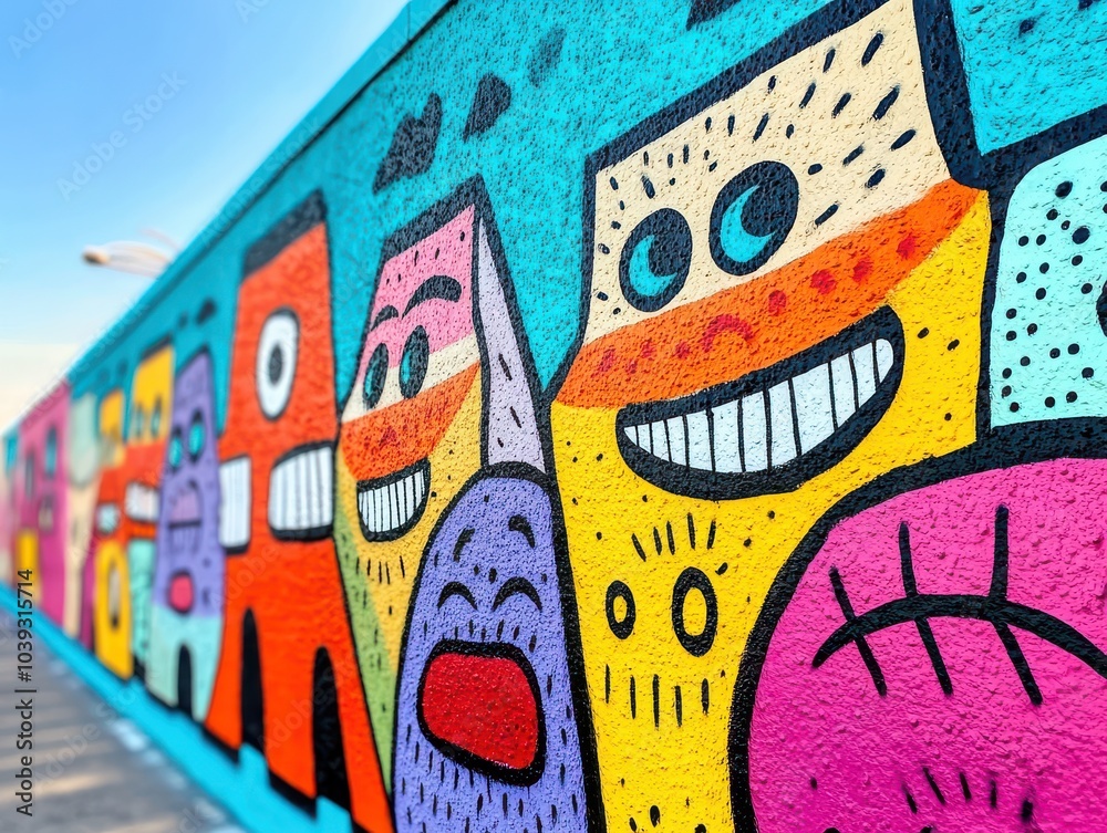 Obraz premium Vibrant street art featuring playful characters on a colorful wall, showcasing creativity and urban culture.
