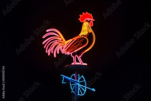 Neon silhouette of a rooster weather vane isotated on black background. photo