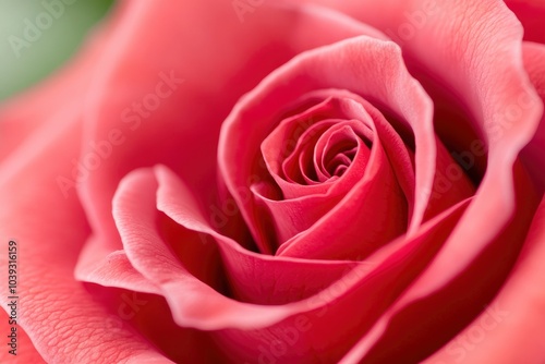 A close-up of the center of an open red rose, concept of love and passion for Valentine's Day.