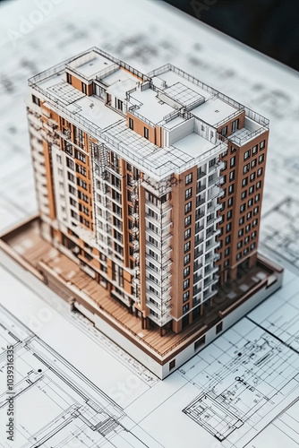 Architectural plans with a 3D model of a building on the side photo