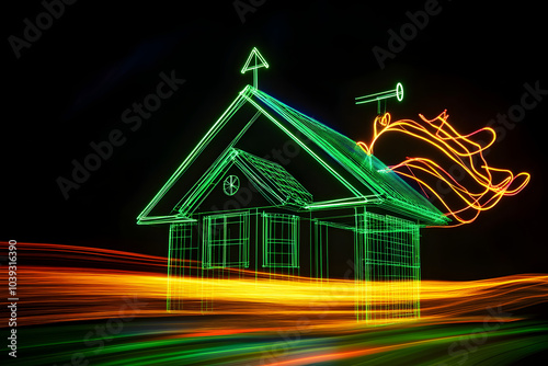 Neon wireframe house with weather vane isotated on black background. photo