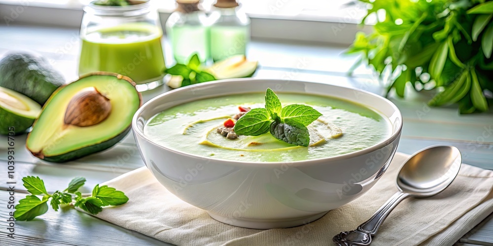 Creamy Avocado Soup with a Garnish of Fresh Mint Leaves, Served with a Side of Rustic Spoon on a White Wooden Table Creamy Avocado Soup with a Garnish of Fresh Mint Leaves, Served with a Side of Rustic Spoon on a White Wooden Table