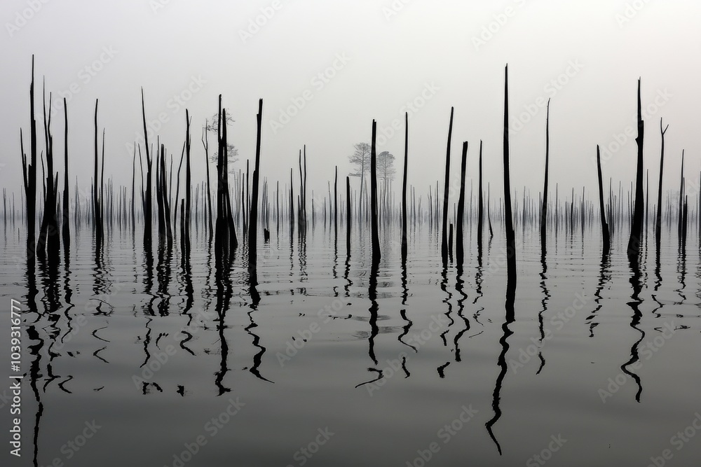 A haunting scene of bare tree trunks rising from a still body of water, their reflections creating a mesmerizing pattern. A haunting scene of bare tree trunks rising from a still body of water, their reflections creating a mesmerizing pattern.