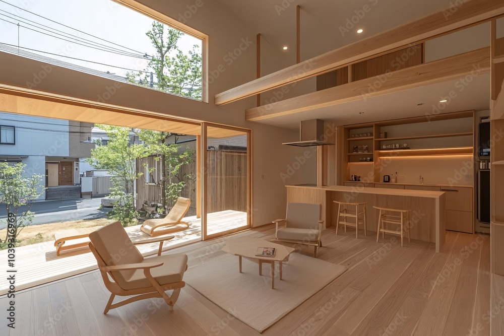 Fototapeta premium Modern Minimalist Home with Open Plan Living and Kitchen