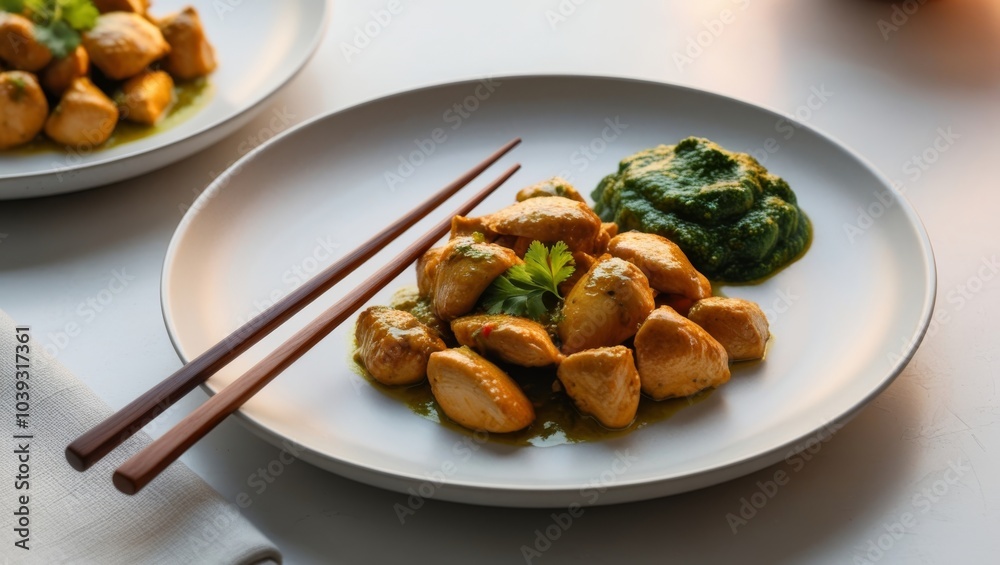 Chicken stir fry with chutney on modern plates, paired with wooden chopsticks for an elegant meal Chicken stir fry with chutney on modern plates, paired with wooden chopsticks for an elegant meal