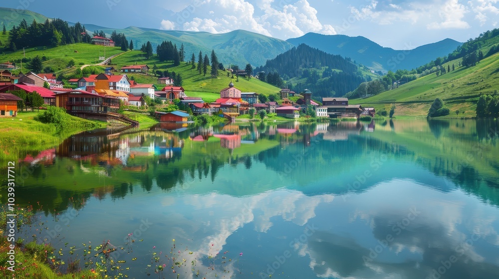 Charming Village Reflection in Crystal Clear Mountain Lake Charming Village Reflection in Crystal Clear Mountain Lake